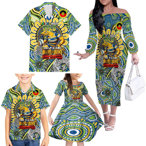 Custom NAIDOC Week 2024 Eels Family Matching Off The Shoulder Long Sleeve Dress and Hawaiian Shirt Mascot Rugby