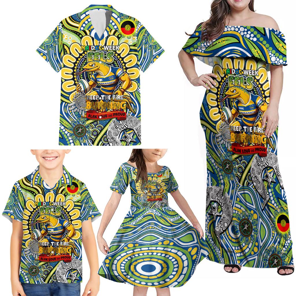 Custom NAIDOC Week 2024 Eels Family Matching Off Shoulder Maxi Dress and Hawaiian Shirt Mascot Rugby