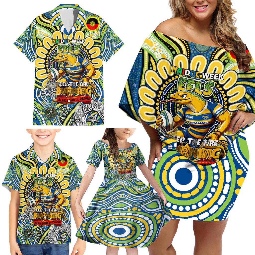 Custom NAIDOC Week 2024 Eels Family Matching Off Shoulder Short Dress and Hawaiian Shirt Mascot Rugby