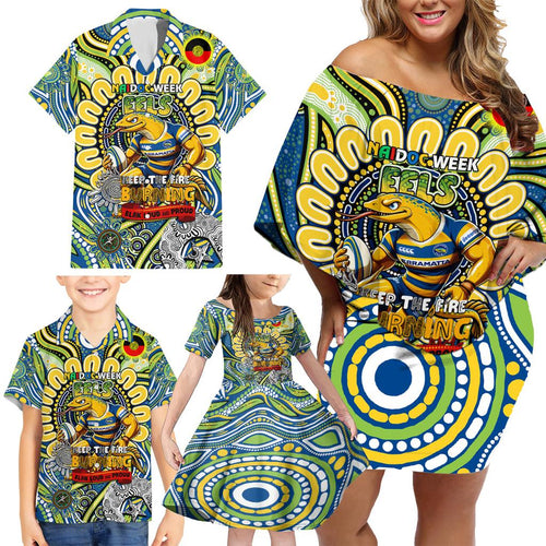 Custom NAIDOC Week 2024 Eels Family Matching Off Shoulder Short Dress and Hawaiian Shirt Mascot Rugby