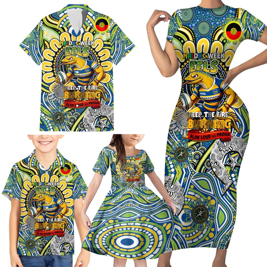 Custom NAIDOC Week 2024 Eels Family Matching Short Sleeve Bodycon Dress and Hawaiian Shirt Mascot Rugby