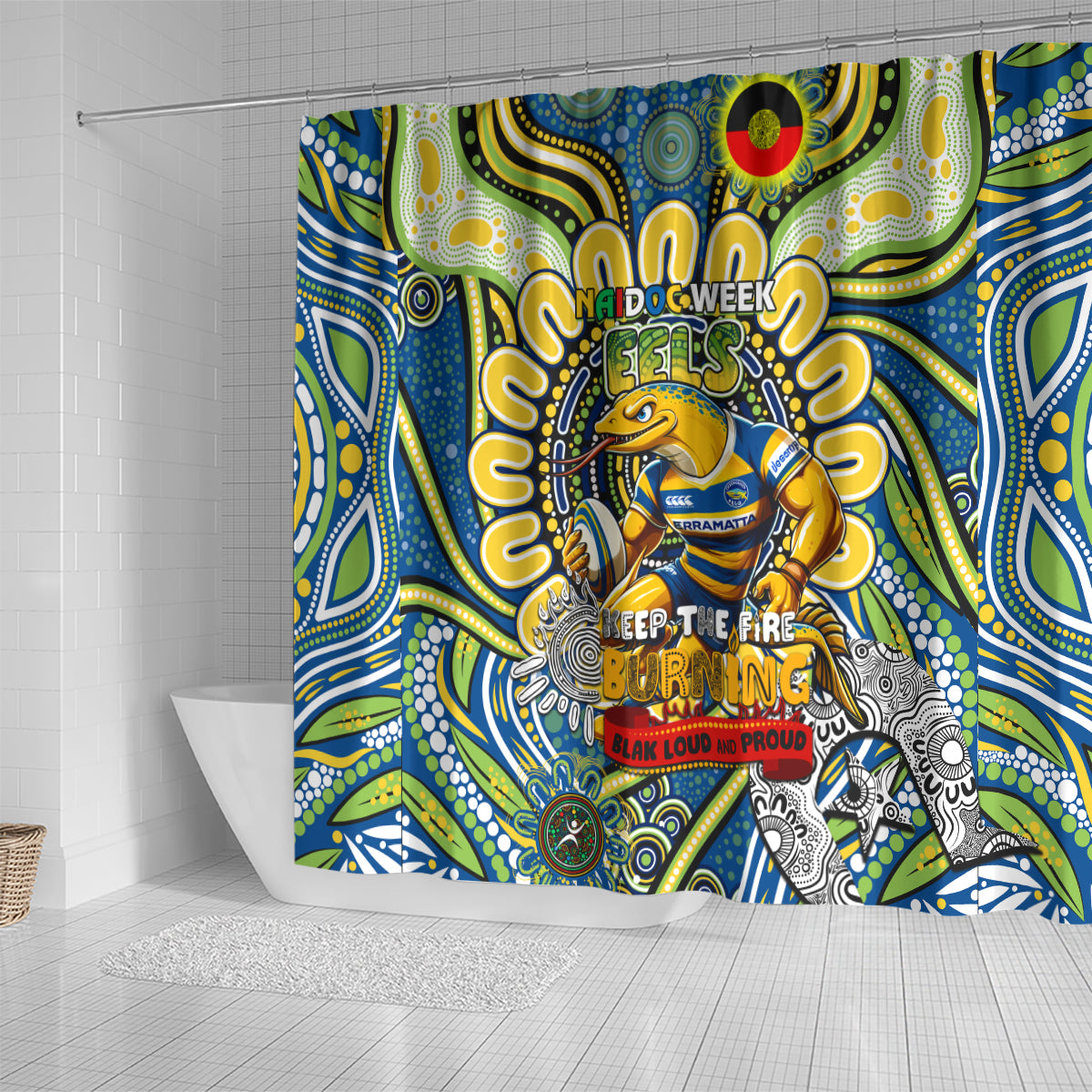 NAIDOC Week 2024 Eels Shower Curtain Mascot Rugby