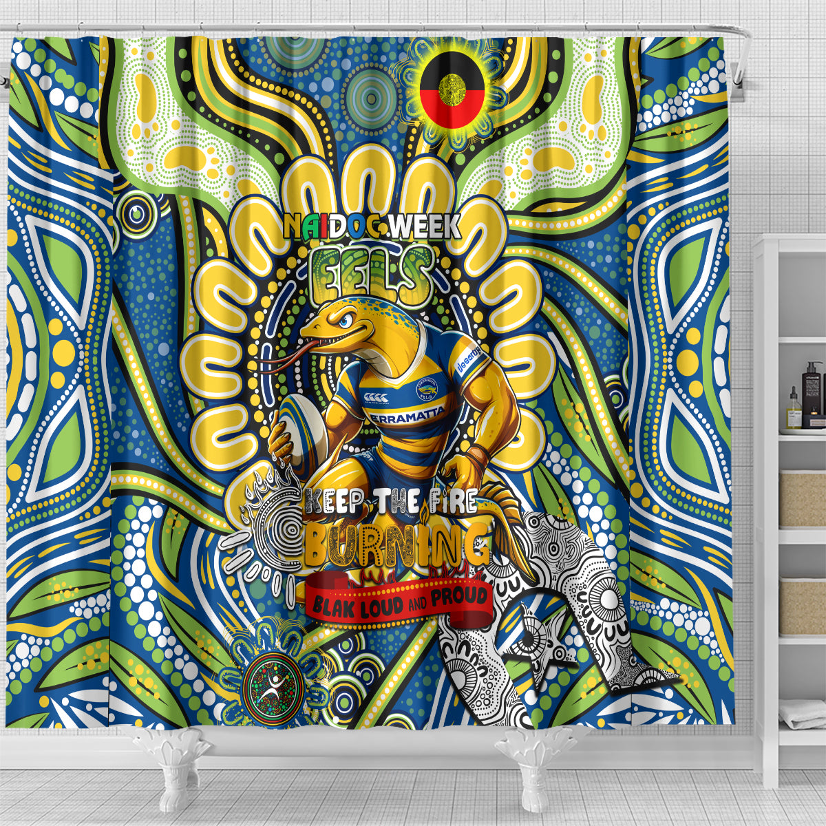 NAIDOC Week 2024 Eels Shower Curtain Mascot Rugby