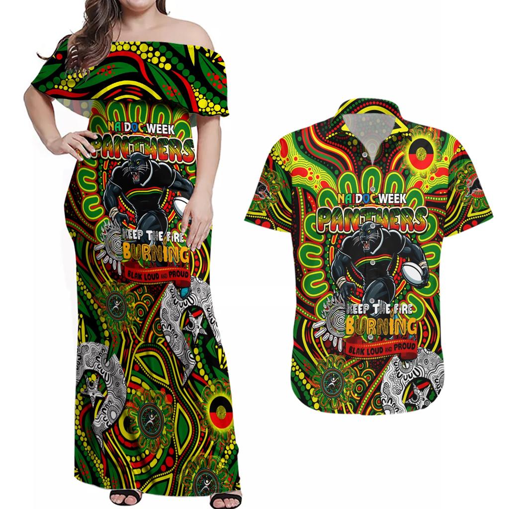 Custom NAIDOC Week 2024 Panthers Couples Matching Off Shoulder Maxi Dress and Hawaiian Shirt Mascot Rugby