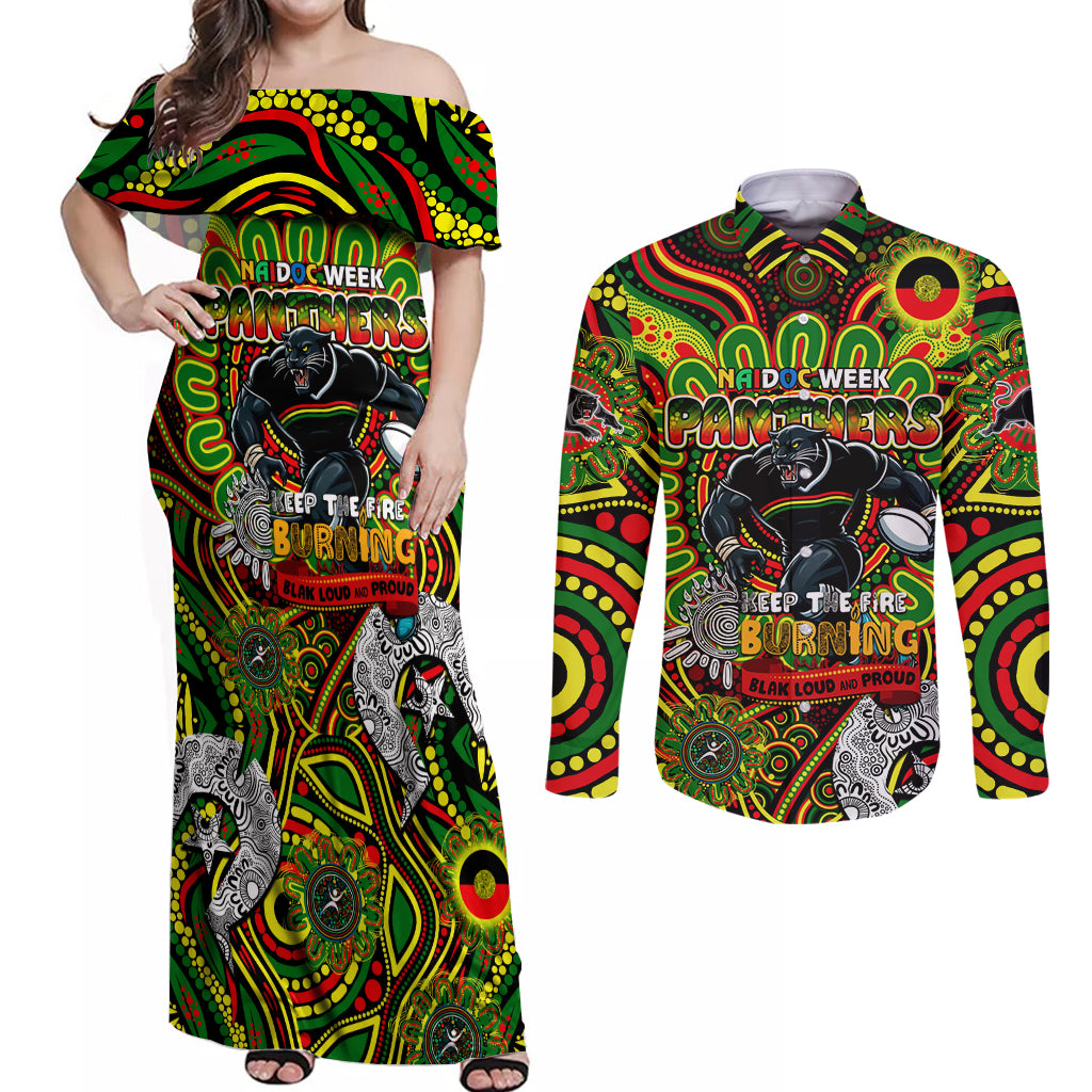 Custom NAIDOC Week 2024 Panthers Couples Matching Off Shoulder Maxi Dress and Long Sleeve Button Shirt Mascot Rugby