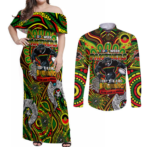 Custom NAIDOC Week 2024 Panthers Couples Matching Off Shoulder Maxi Dress and Long Sleeve Button Shirt Mascot Rugby