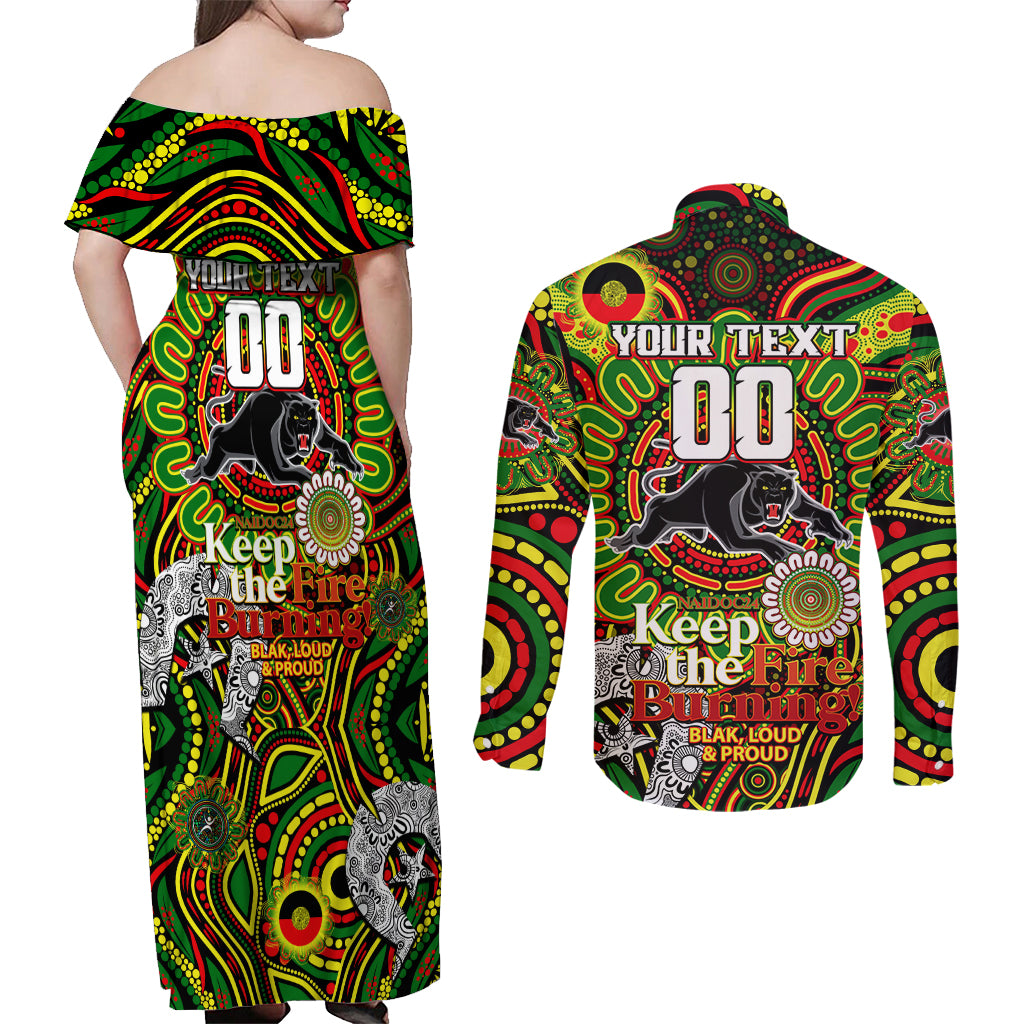 Custom NAIDOC Week 2024 Panthers Couples Matching Off Shoulder Maxi Dress and Long Sleeve Button Shirt Mascot Rugby