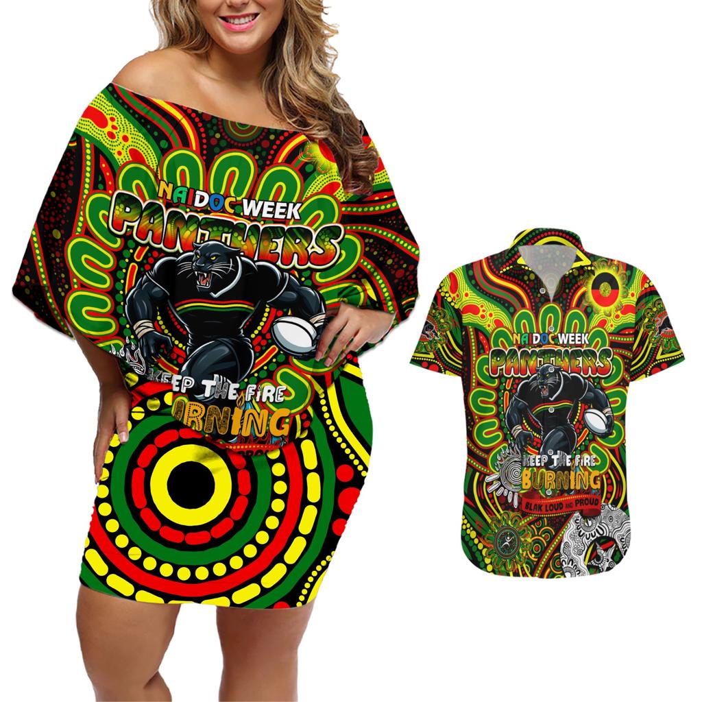 Custom NAIDOC Week 2024 Panthers Couples Matching Off Shoulder Short Dress and Hawaiian Shirt Mascot Rugby