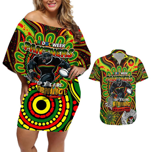 Custom NAIDOC Week 2024 Panthers Couples Matching Off Shoulder Short Dress and Hawaiian Shirt Mascot Rugby