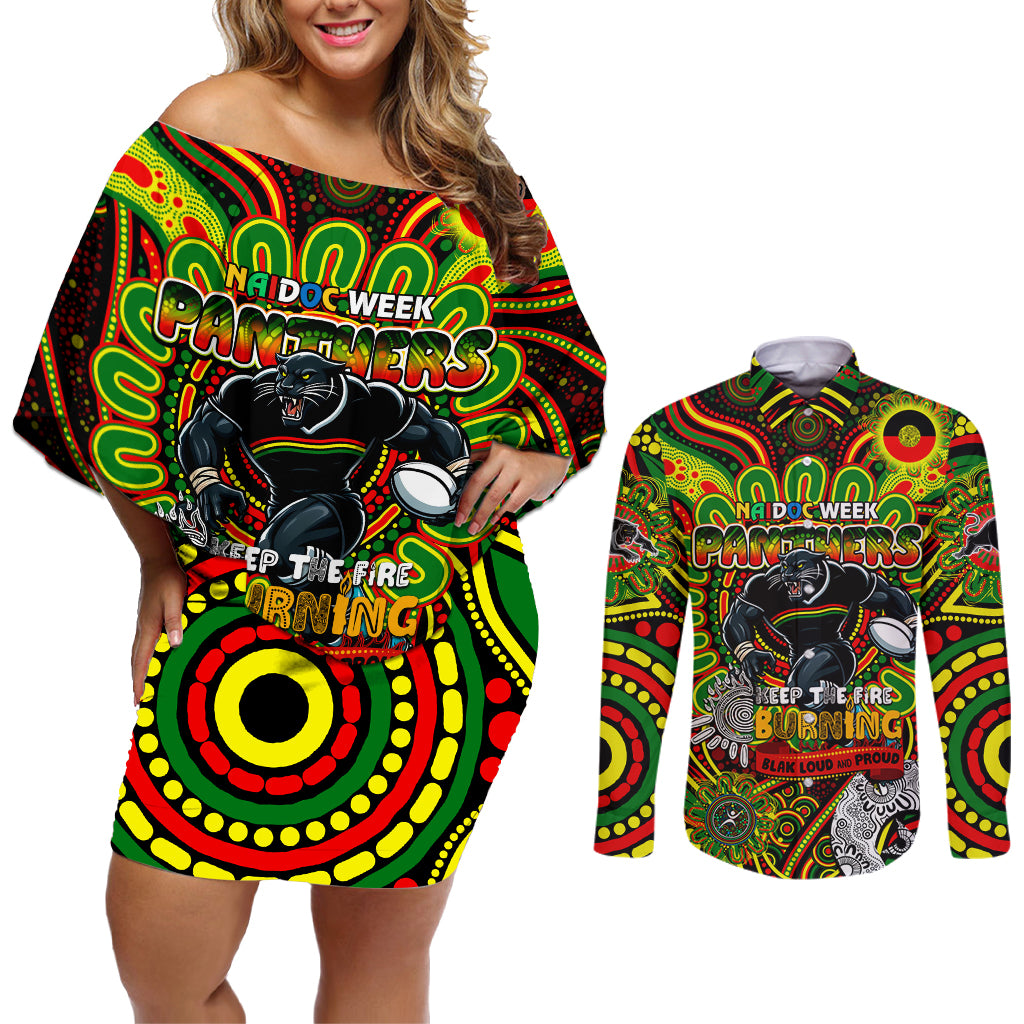Custom NAIDOC Week 2024 Panthers Couples Matching Off Shoulder Short Dress and Long Sleeve Button Shirt Mascot Rugby