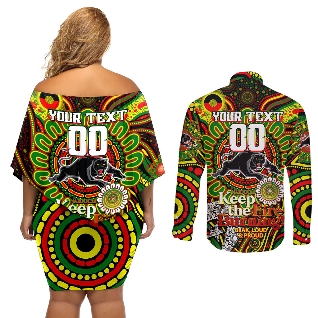 Custom NAIDOC Week 2024 Panthers Couples Matching Off Shoulder Short Dress and Long Sleeve Button Shirt Mascot Rugby