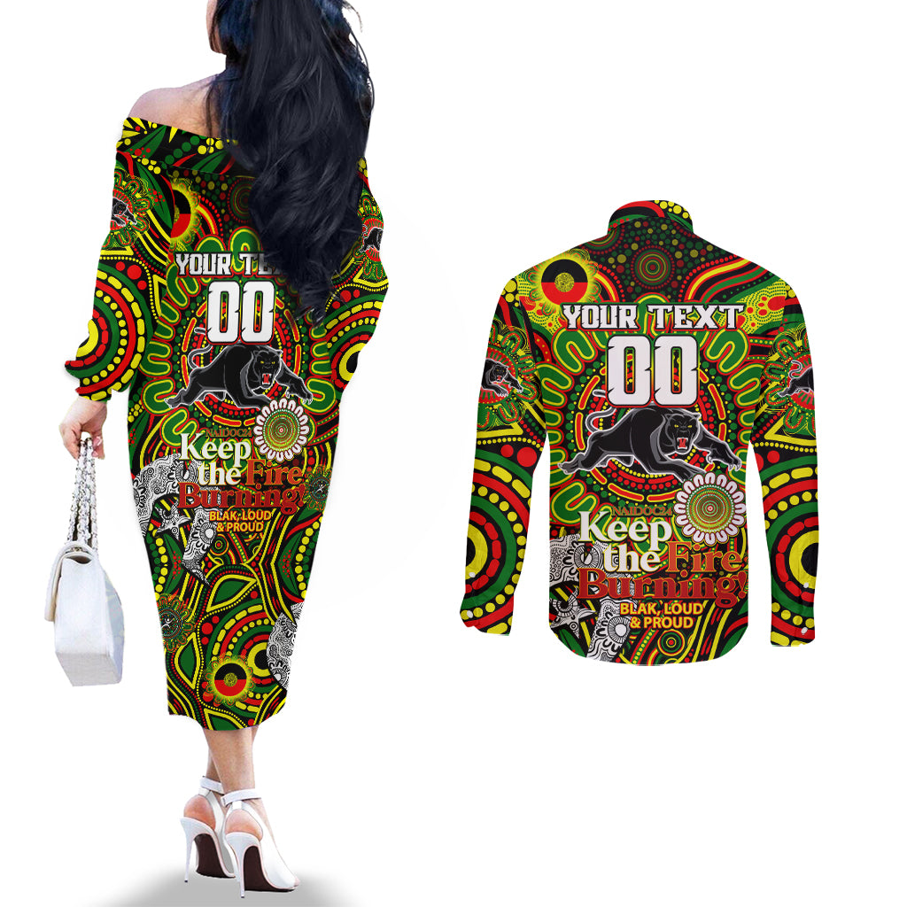 Custom NAIDOC Week 2024 Panthers Couples Matching Off The Shoulder Long Sleeve Dress and Long Sleeve Button Shirt Mascot Rugby