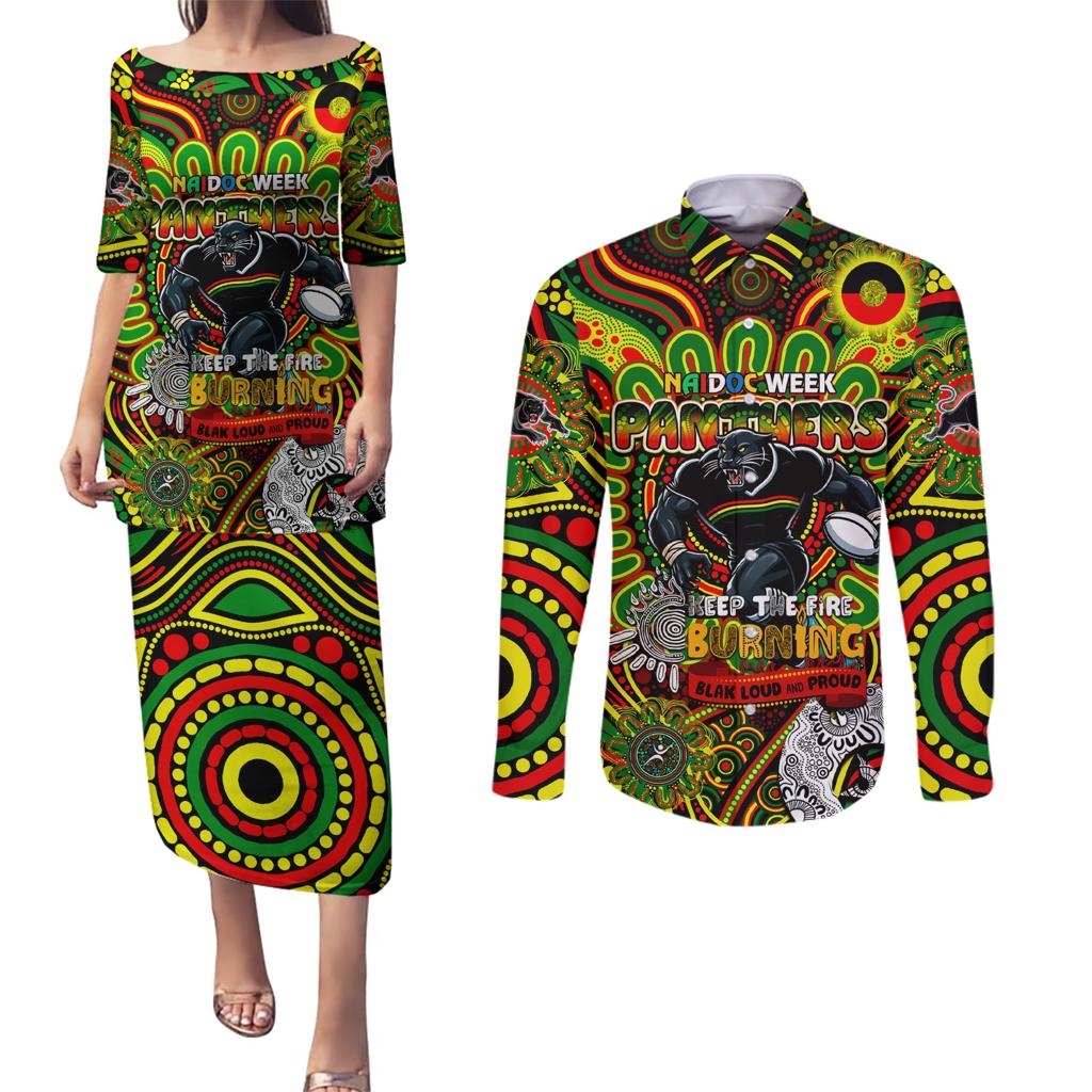 Custom NAIDOC Week 2024 Panthers Couples Matching Puletasi and Long Sleeve Button Shirt Mascot Rugby