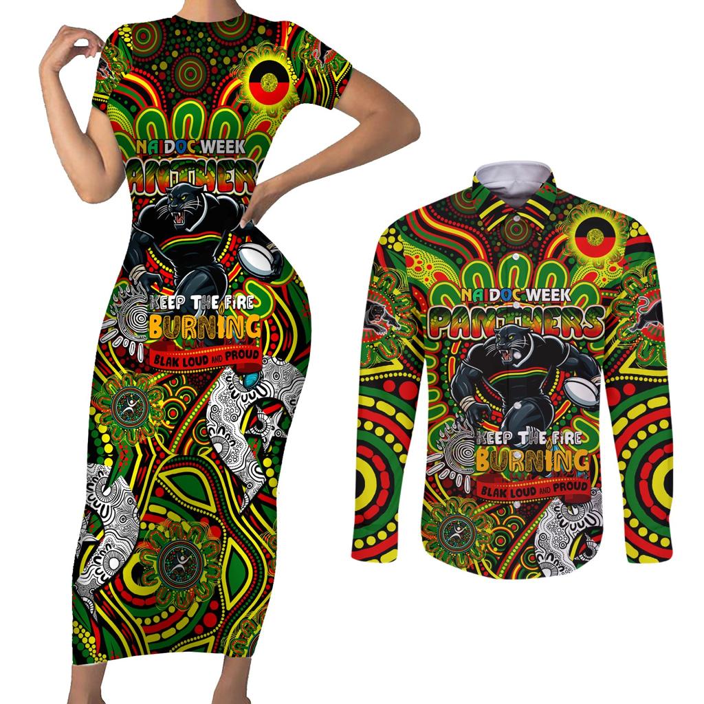 Custom NAIDOC Week 2024 Panthers Couples Matching Short Sleeve Bodycon Dress and Long Sleeve Button Shirt Mascot Rugby