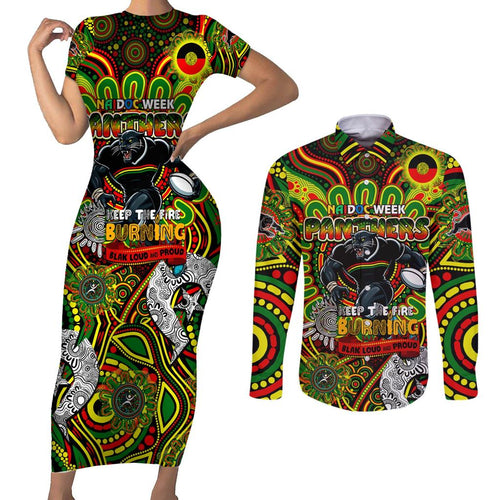 Custom NAIDOC Week 2024 Panthers Couples Matching Short Sleeve Bodycon Dress and Long Sleeve Button Shirt Mascot Rugby