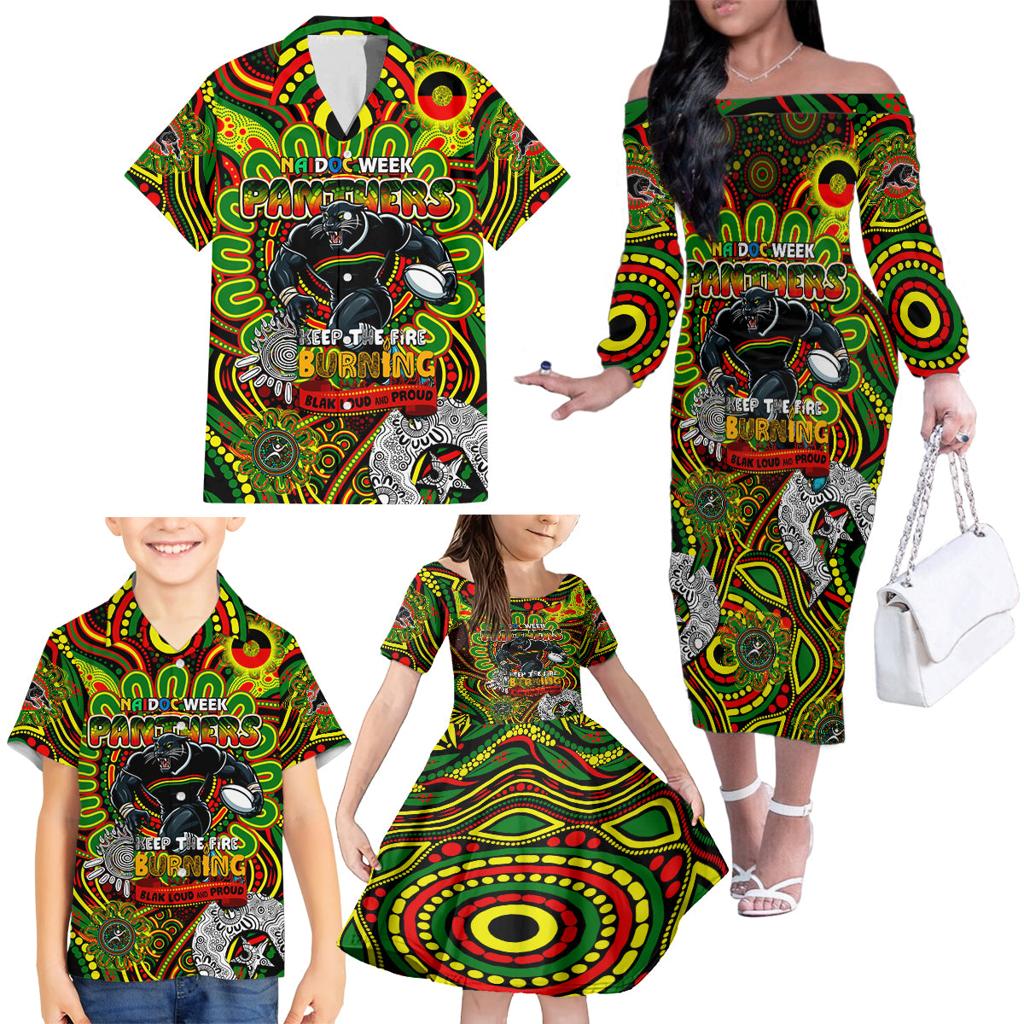 Custom NAIDOC Week 2024 Panthers Family Matching Off The Shoulder Long Sleeve Dress and Hawaiian Shirt Mascot Rugby