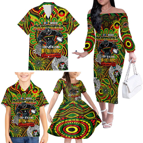 Custom NAIDOC Week 2024 Panthers Family Matching Off The Shoulder Long Sleeve Dress and Hawaiian Shirt Mascot Rugby