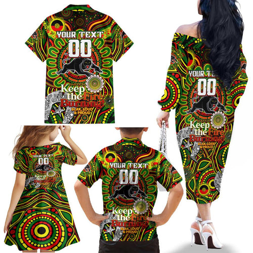 Custom NAIDOC Week 2024 Panthers Family Matching Off The Shoulder Long Sleeve Dress and Hawaiian Shirt Mascot Rugby