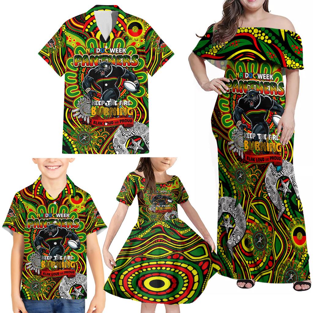 Custom NAIDOC Week 2024 Panthers Family Matching Off Shoulder Maxi Dress and Hawaiian Shirt Mascot Rugby