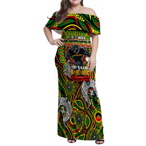Custom NAIDOC Week 2024 Panthers Family Matching Off Shoulder Maxi Dress and Hawaiian Shirt Mascot Rugby