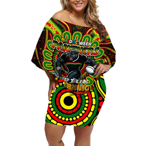 Custom NAIDOC Week 2024 Panthers Family Matching Off Shoulder Short Dress and Hawaiian Shirt Mascot Rugby