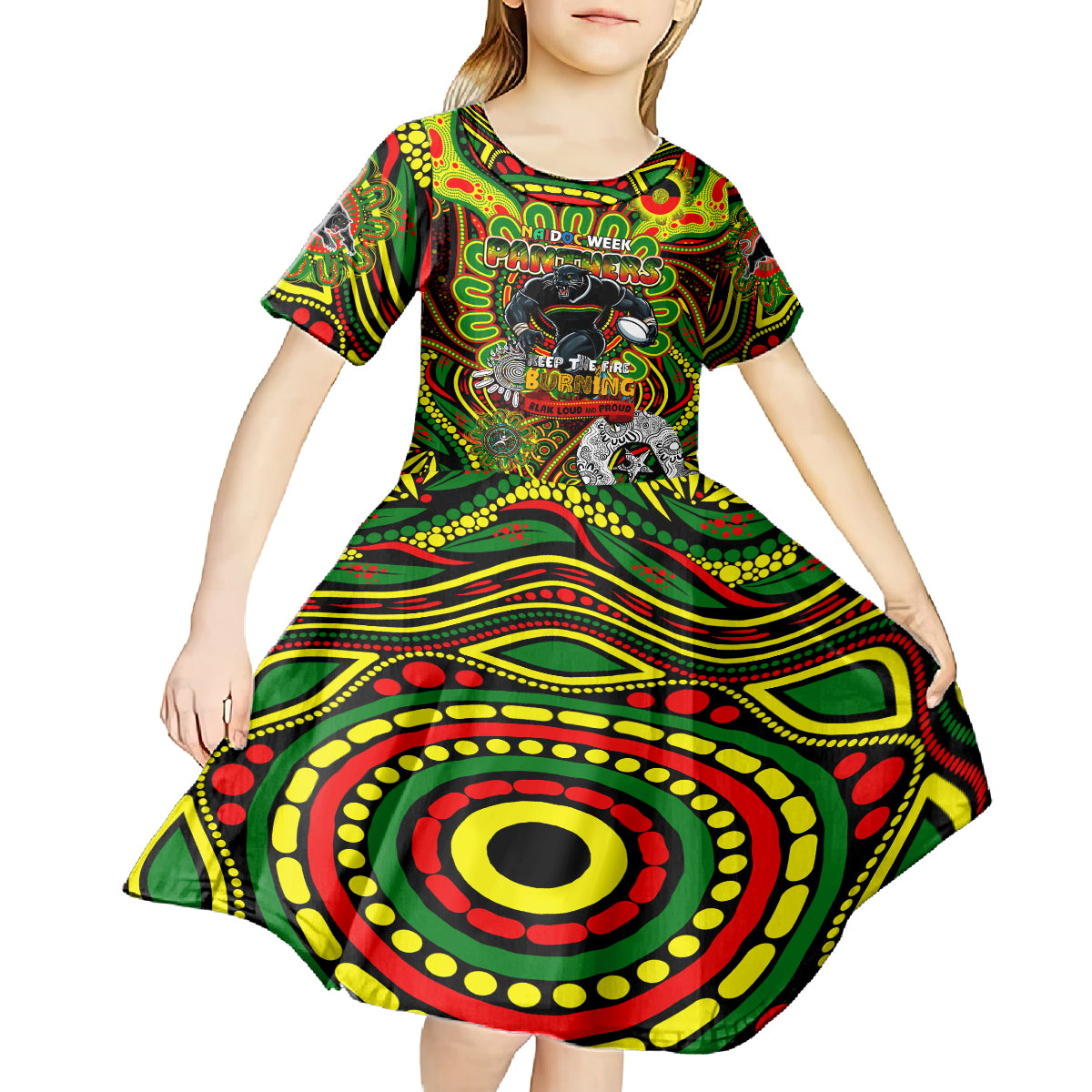 Custom NAIDOC Week 2024 Panthers Kid Short Sleeve Dress Mascot Rugby