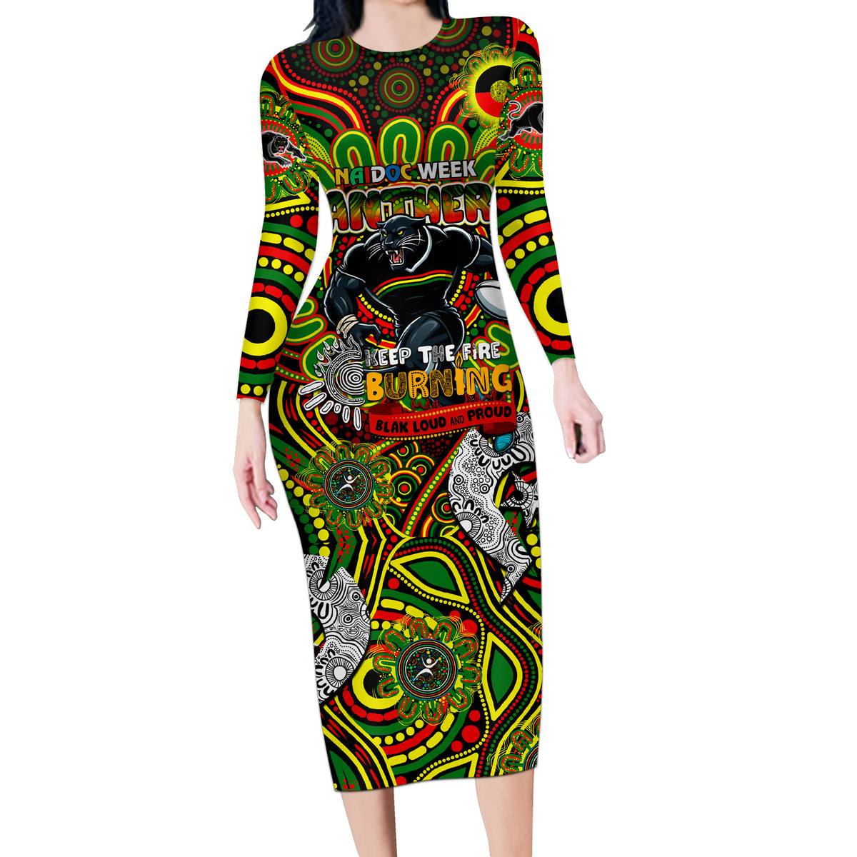 Custom NAIDOC Week 2024 Panthers Long Sleeve Bodycon Dress Mascot Rugby