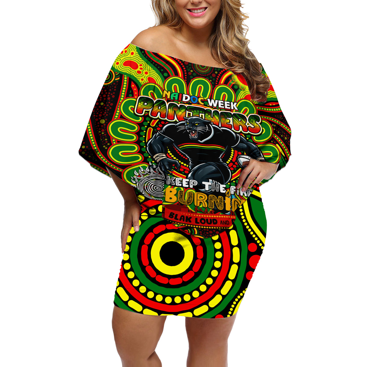 Custom NAIDOC Week 2024 Panthers Off Shoulder Short Dress Mascot Rugby
