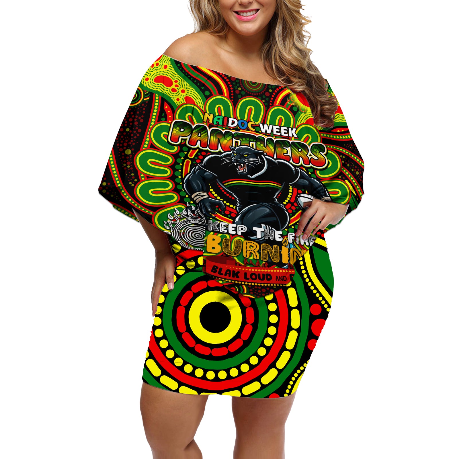 Custom NAIDOC Week 2024 Panthers Off Shoulder Short Dress Mascot Rugby
