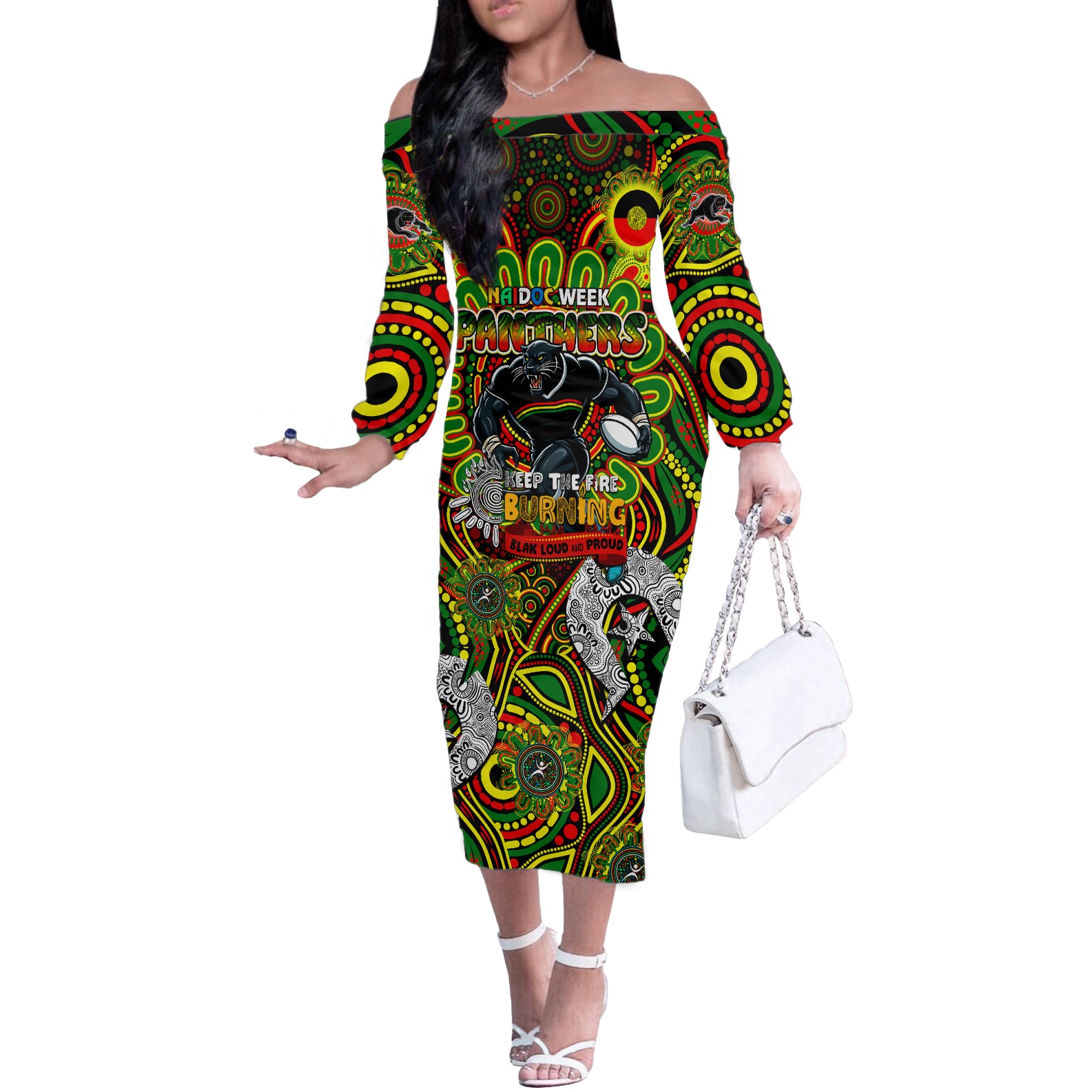 Custom NAIDOC Week 2024 Panthers Off The Shoulder Long Sleeve Dress Mascot Rugby