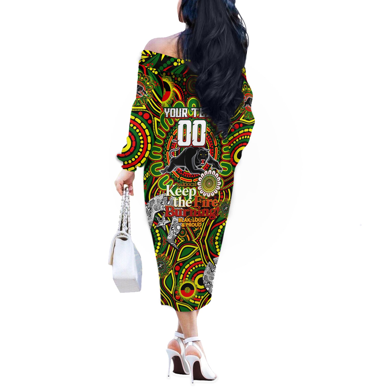 Custom NAIDOC Week 2024 Panthers Off The Shoulder Long Sleeve Dress Mascot Rugby