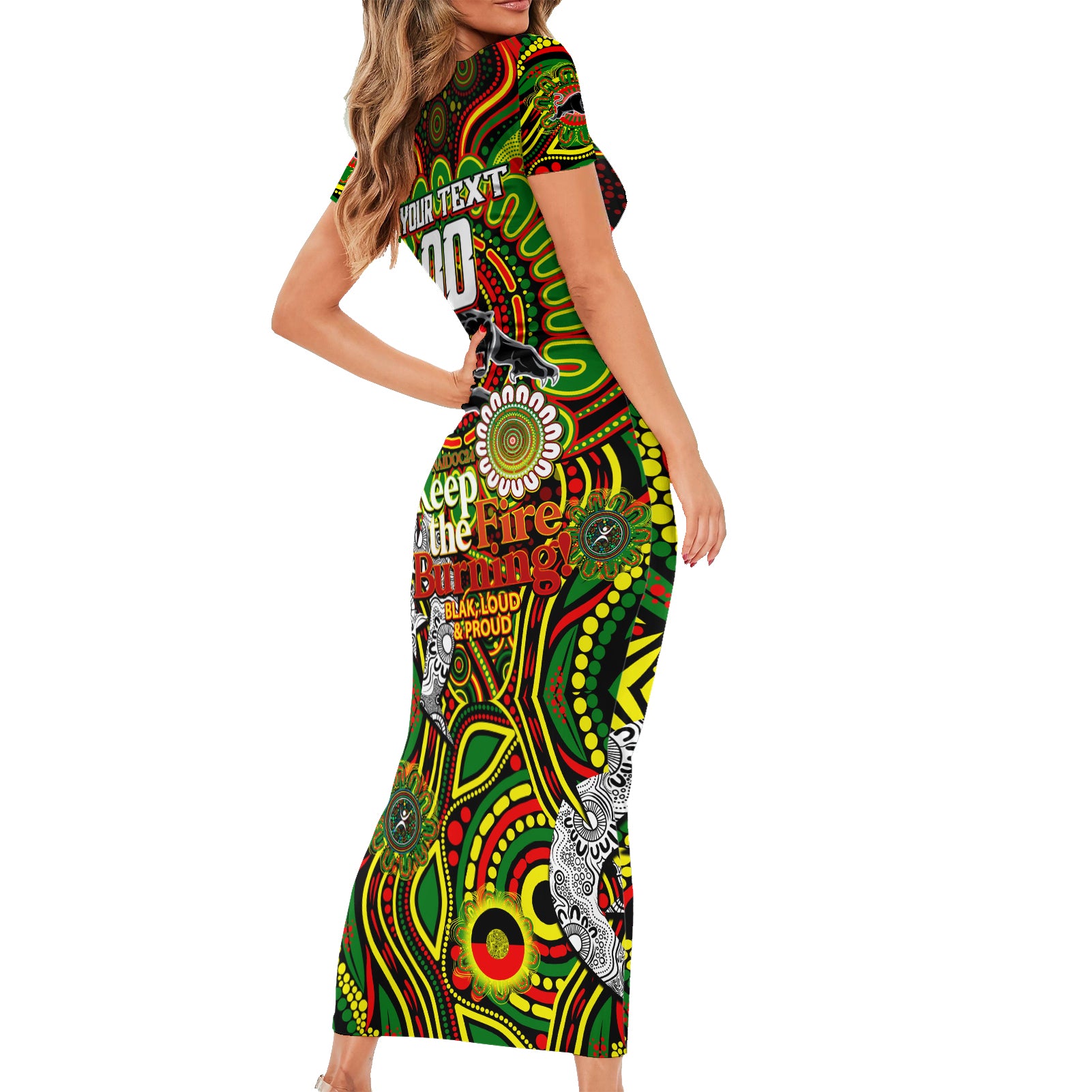 Custom NAIDOC Week 2024 Panthers Short Sleeve Bodycon Dress Mascot Rugby