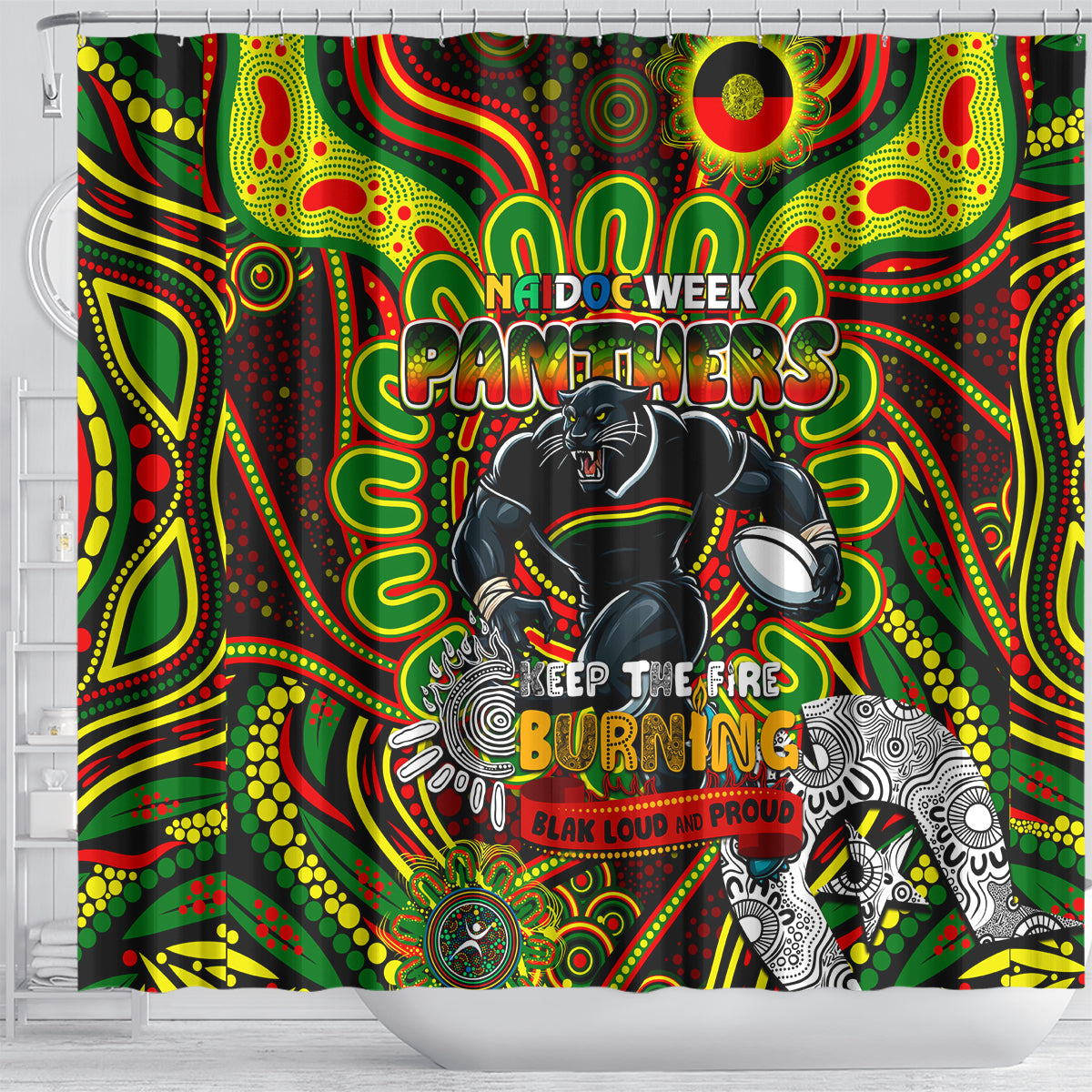 NAIDOC Week 2024 Panthers Shower Curtain Mascot Rugby