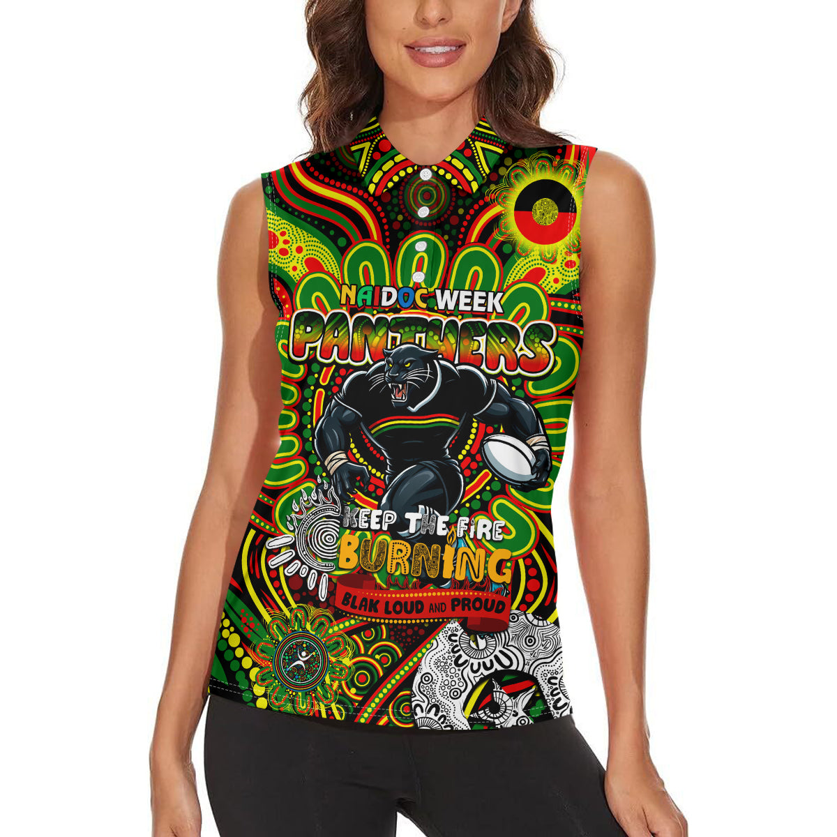 Custom NAIDOC Week 2024 Panthers Women Sleeveless Polo Shirt Mascot Rugby