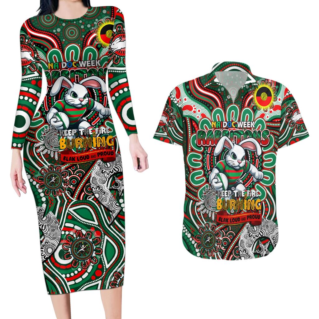 Custom NAIDOC Week 2024 Rabbitohs Couples Matching Long Sleeve Bodycon Dress and Hawaiian Shirt Mascot Rugby DT02
