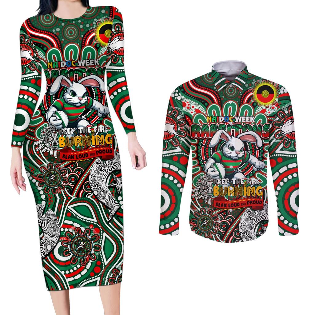 Custom NAIDOC Week 2024 Rabbitohs Couples Matching Long Sleeve Bodycon Dress and Long Sleeve Button Shirt Mascot Rugby DT02