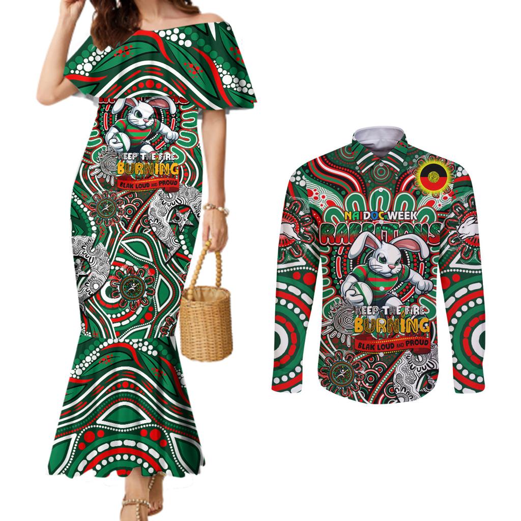 Custom NAIDOC Week 2024 Rabbitohs Couples Matching Mermaid Dress and Long Sleeve Button Shirt Mascot Rugby DT02