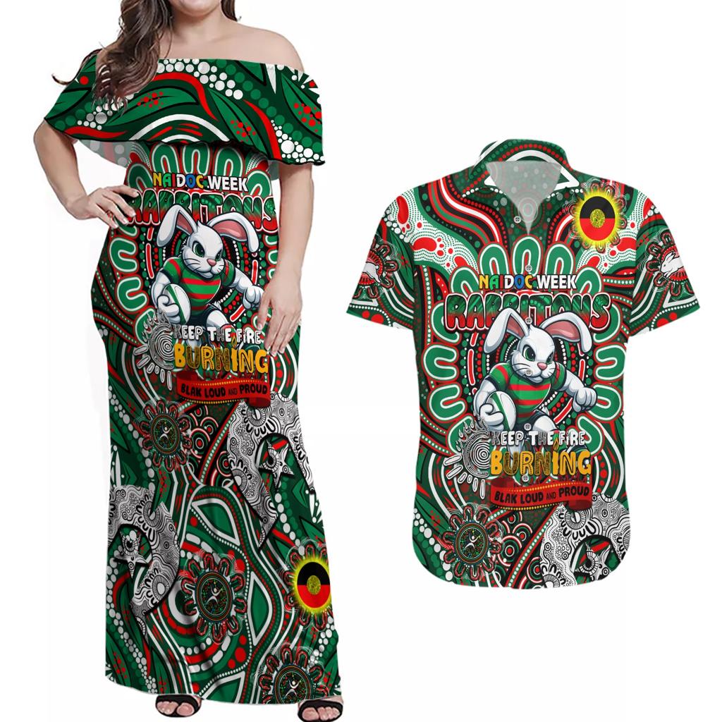 Custom NAIDOC Week 2024 Rabbitohs Couples Matching Off Shoulder Maxi Dress and Hawaiian Shirt Mascot Rugby DT02