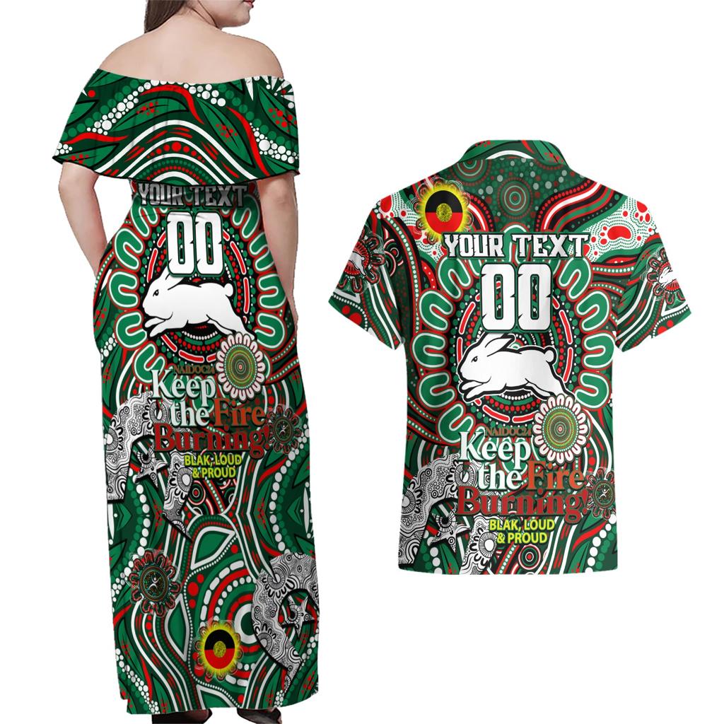 Custom NAIDOC Week 2024 Rabbitohs Couples Matching Off Shoulder Maxi Dress and Hawaiian Shirt Mascot Rugby DT02