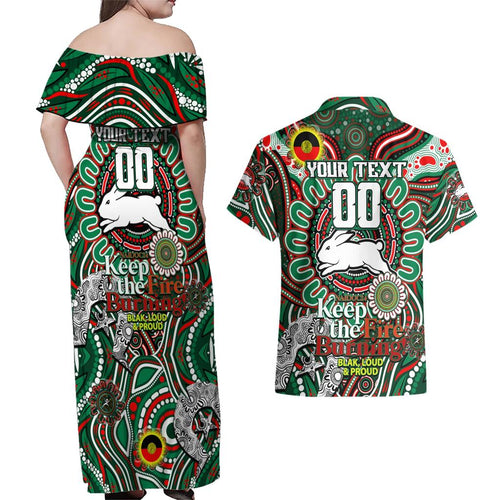 Custom NAIDOC Week 2024 Rabbitohs Couples Matching Off Shoulder Maxi Dress and Hawaiian Shirt Mascot Rugby DT02