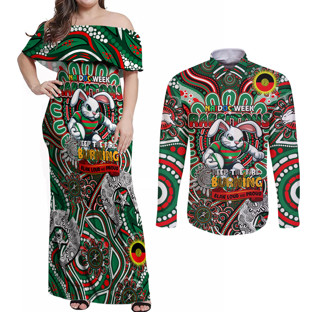 Custom NAIDOC Week 2024 Rabbitohs Couples Matching Off Shoulder Maxi Dress and Long Sleeve Button Shirt Mascot Rugby DT02
