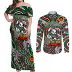 Custom NAIDOC Week 2024 Rabbitohs Couples Matching Off Shoulder Maxi Dress and Long Sleeve Button Shirt Mascot Rugby DT02