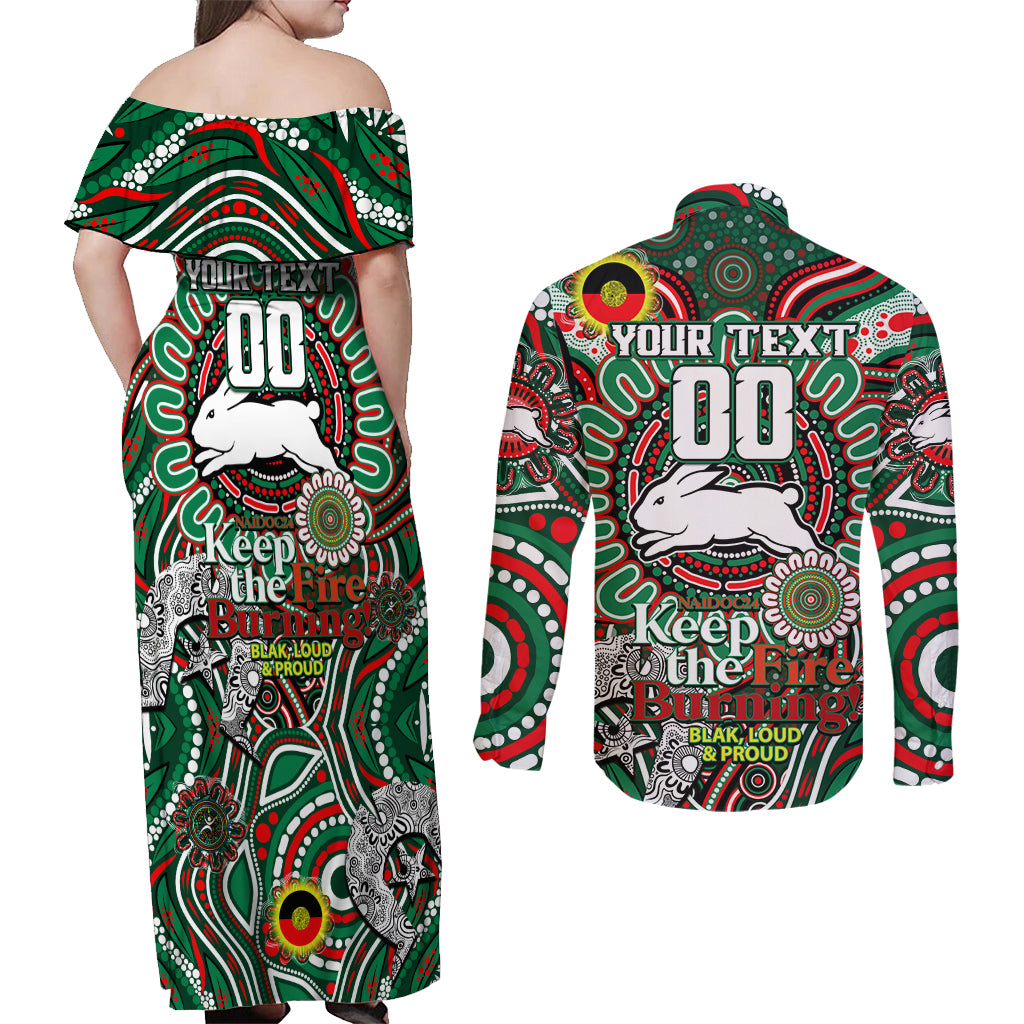 Custom NAIDOC Week 2024 Rabbitohs Couples Matching Off Shoulder Maxi Dress and Long Sleeve Button Shirt Mascot Rugby DT02