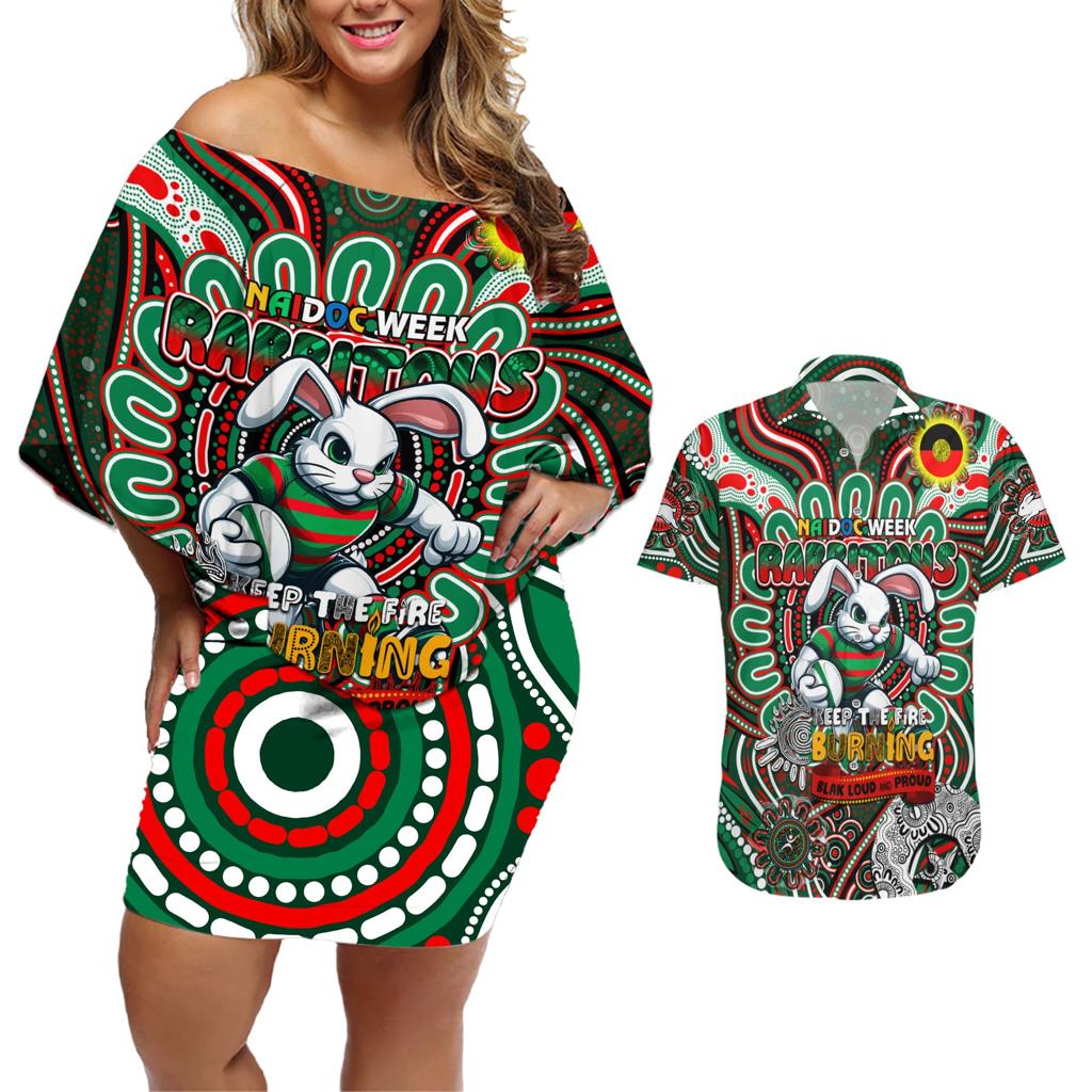 Custom NAIDOC Week 2024 Rabbitohs Couples Matching Off Shoulder Short Dress and Hawaiian Shirt Mascot Rugby DT02