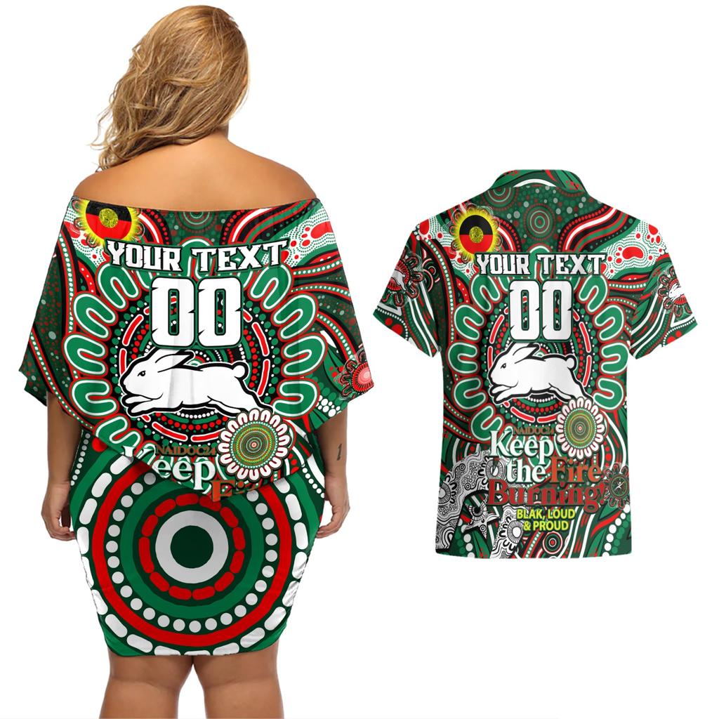 Custom NAIDOC Week 2024 Rabbitohs Couples Matching Off Shoulder Short Dress and Hawaiian Shirt Mascot Rugby DT02