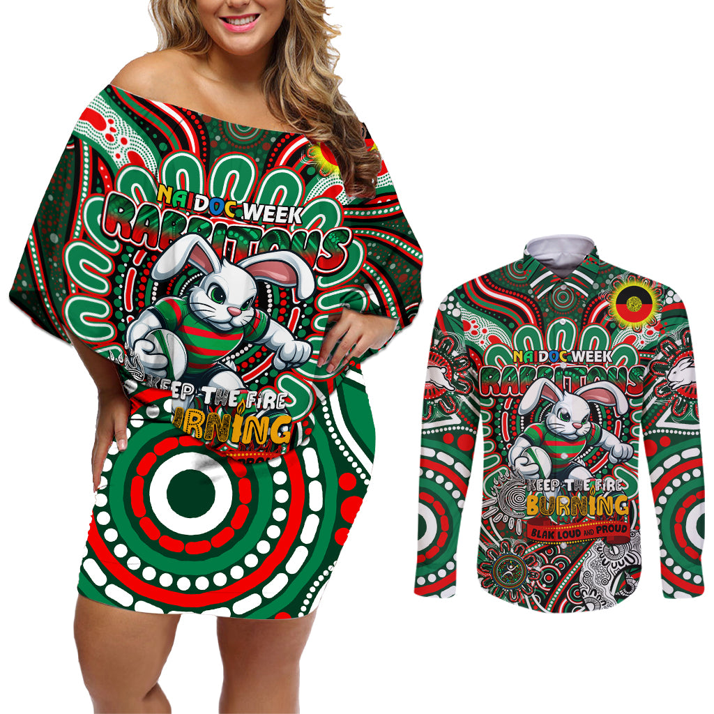 Custom NAIDOC Week 2024 Rabbitohs Couples Matching Off Shoulder Short Dress and Long Sleeve Button Shirt Mascot Rugby DT02