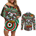 Custom NAIDOC Week 2024 Rabbitohs Couples Matching Off Shoulder Short Dress and Long Sleeve Button Shirt Mascot Rugby DT02