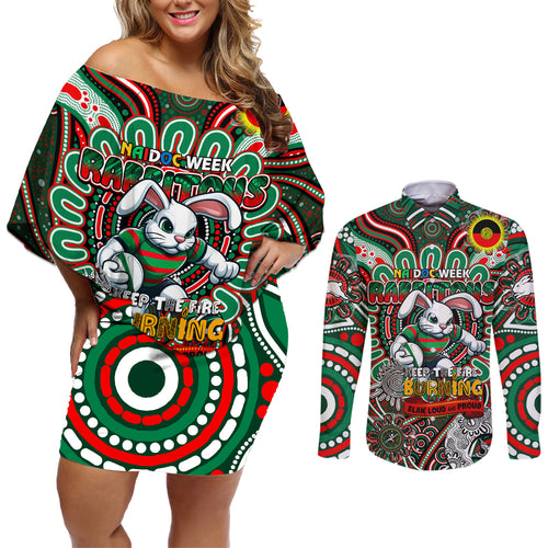Custom NAIDOC Week 2024 Rabbitohs Couples Matching Off Shoulder Short Dress and Long Sleeve Button Shirt Mascot Rugby DT02