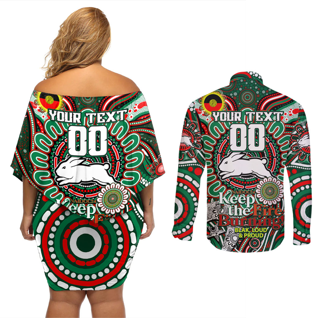 Custom NAIDOC Week 2024 Rabbitohs Couples Matching Off Shoulder Short Dress and Long Sleeve Button Shirt Mascot Rugby DT02