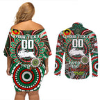 Custom NAIDOC Week 2024 Rabbitohs Couples Matching Off Shoulder Short Dress and Long Sleeve Button Shirt Mascot Rugby DT02